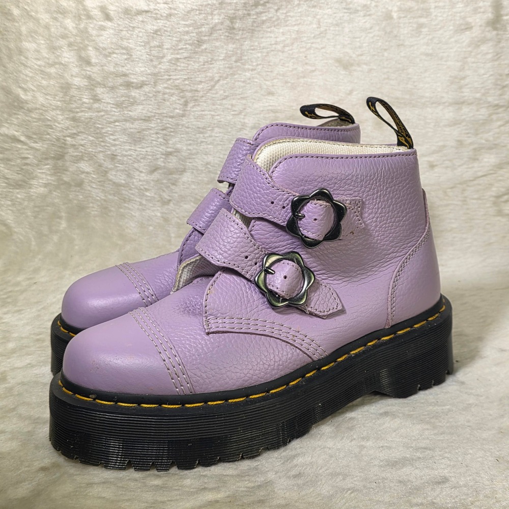 Dr. Martens Devon Flower Buckle Platform Boots Lilac Lavender Purple Women 39 8